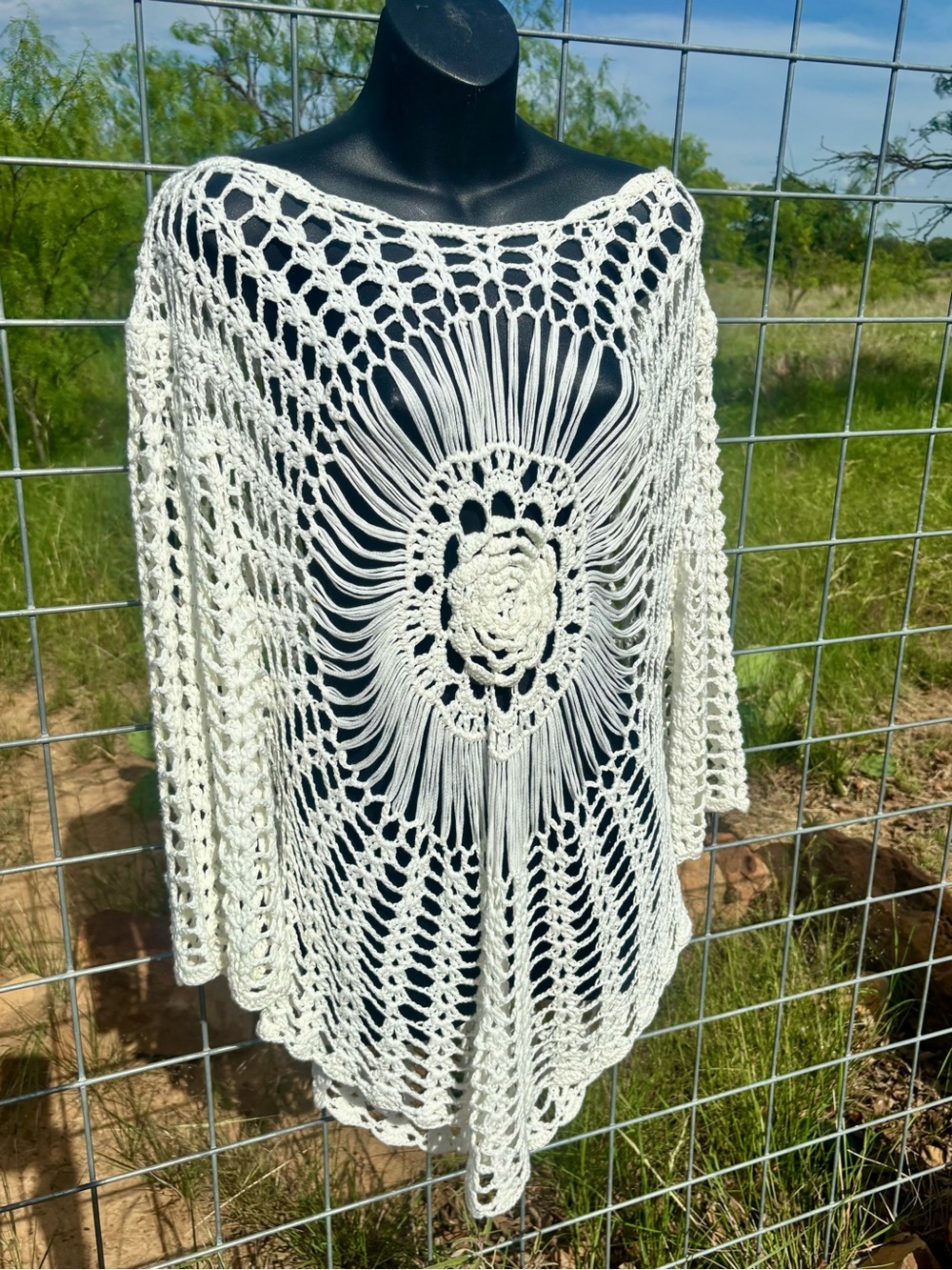 Hand-Crocheted White Boho Poncho